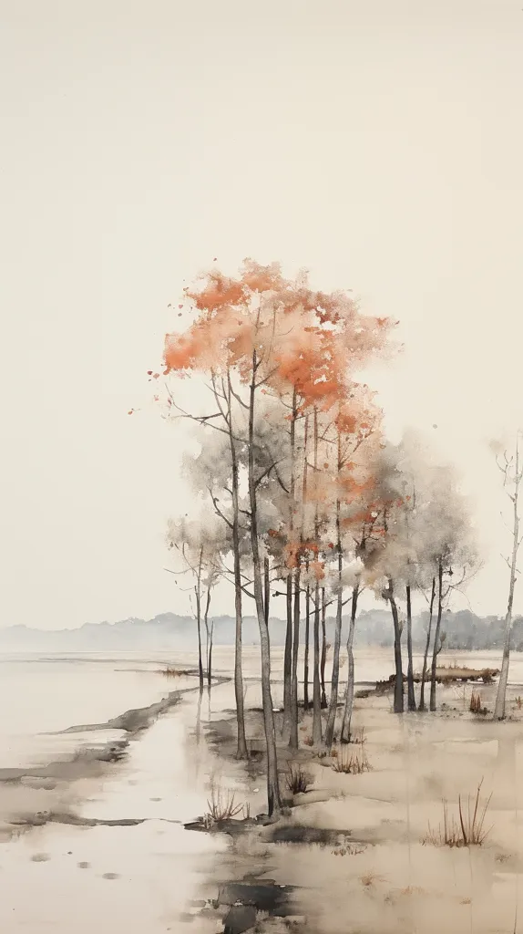 The watercolor painting depicts a serene landscape with a group of trees standing in a shallow body of water. The trees are painted in shades of brown and grey, with hints of orange in the foliage, suggesting a late autumn or early winter scene. The water is calm and reflective, and the overall atmosphere is one of tranquility and peace. The background is hazy, creating a sense of depth and distance. The painting is characterized by delicate brushstrokes and soft, muted colors.