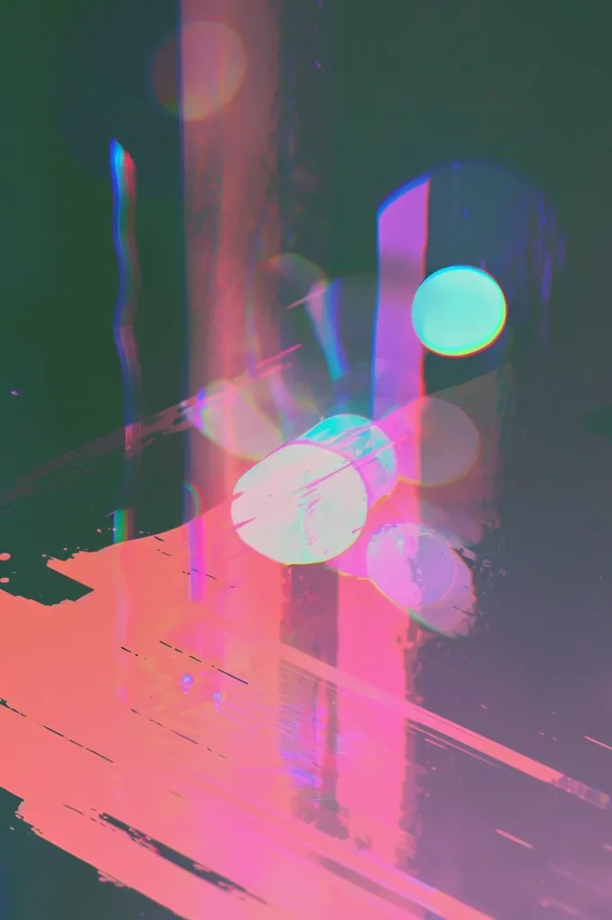 A digital art piece with a vibrant color scheme of pink, blue, and green. It features a large, pink brush stroke in the foreground, with several blurred, glowing circles in the background. The colors are blended together to create a sense of movement and energy, while the overall image is reminiscent of a glitch or digital distortion.