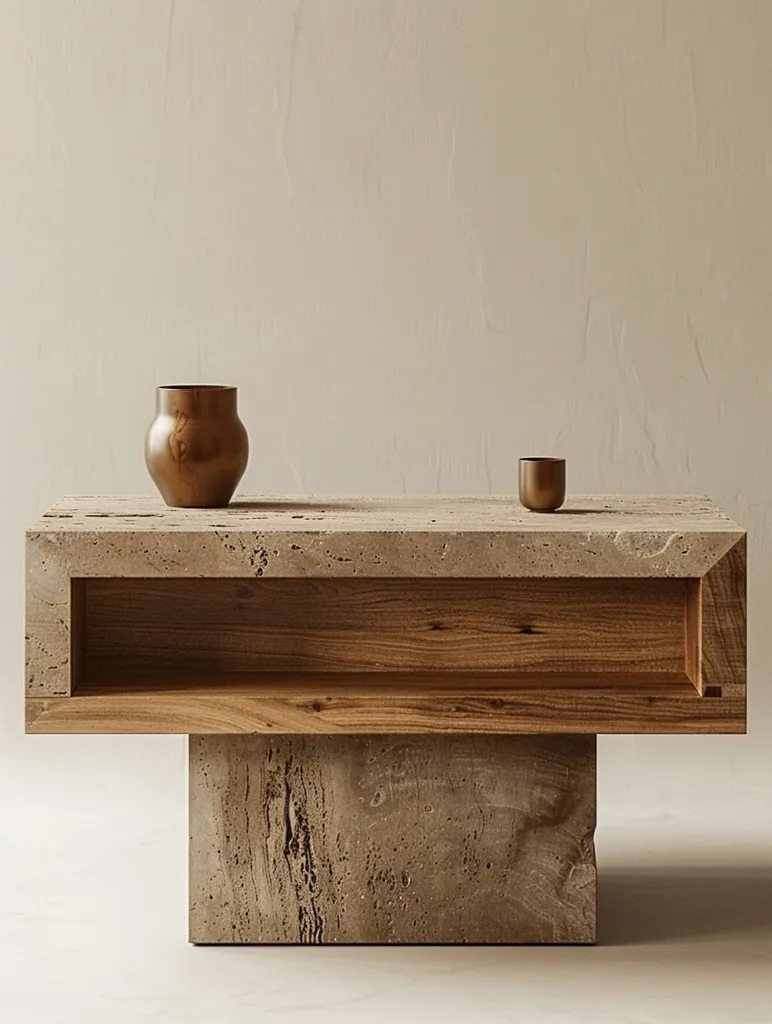 A modern coffee table made of concrete and wood sits in front of a beige wall. The table has a rectangular top with a shelf underneath and a large, square base.  A small, round vase and a cup sit on the table. The muted colors create a calming and minimalist aesthetic.