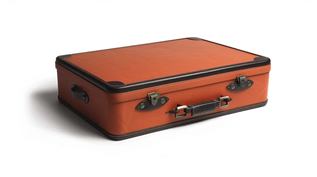 A vintage, orange leather suitcase with a black trim sits on a white surface. The suitcase has a brass lock and handle, and its edges are reinforced with black leather. The suitcase is slightly angled, and the shadow from its light falls to the left of it.  It has a slightly worn look to its surface, suggesting it has been well traveled.