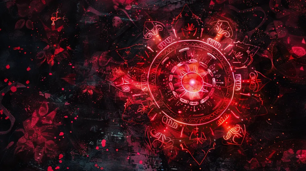 The image shows a stylized, geometric, red mandala with intricate details and a glowing center. It's set against a dark background with subtle hints of red, creating a striking contrast. The mandala seems to be radiating energy from its core, resembling a mystical or spiritual symbol.