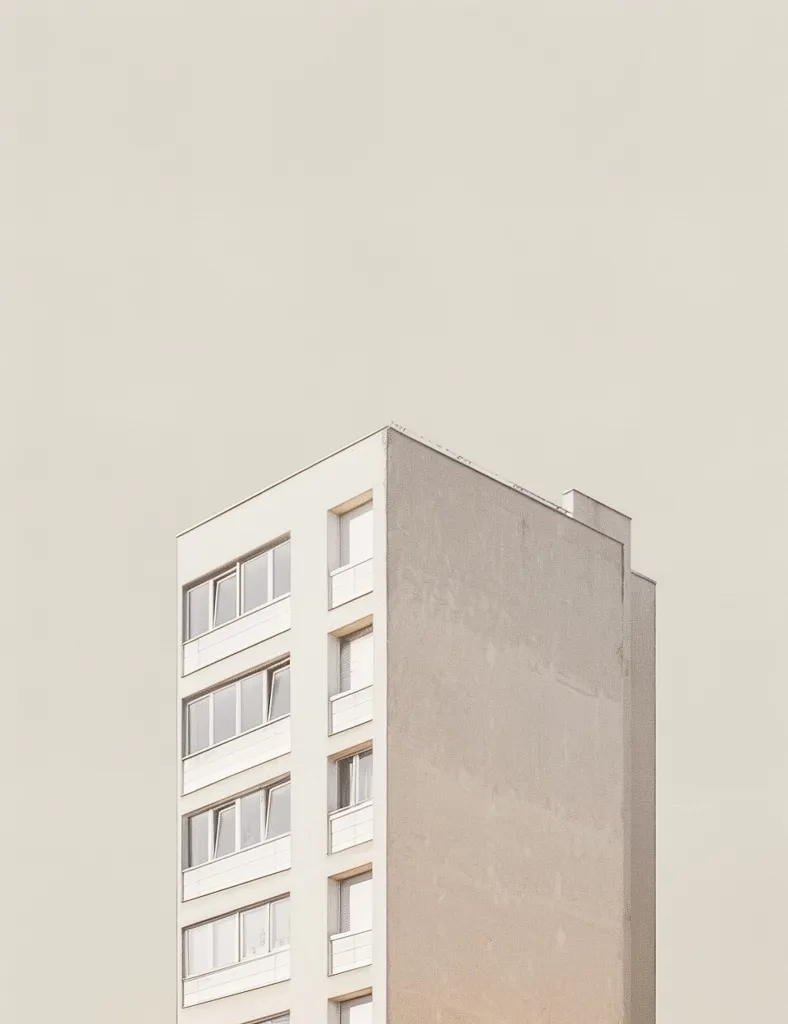 A minimalist image of a tall, white apartment building with a smooth, gray wall. The building has a row of windows on each floor, and the windows are mostly closed. The sky is a pale gray color, and the overall effect is one of simplicity and tranquility.