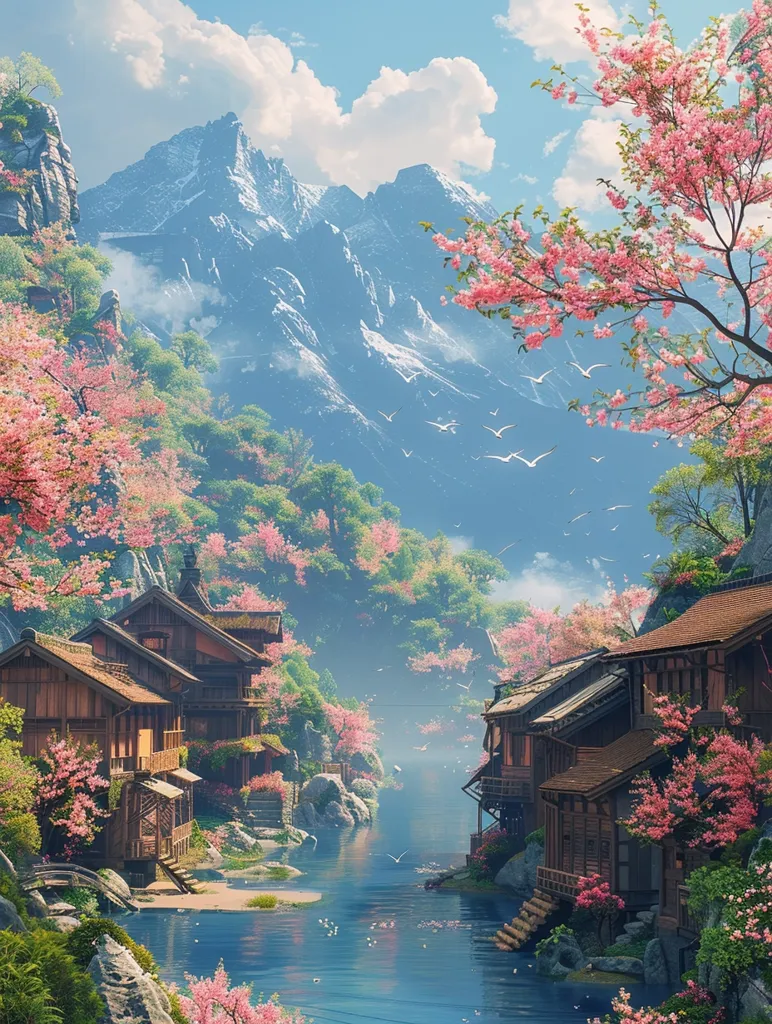 The image depicts a serene mountain village nestled amongst lush greenery and a sparkling river. Traditional wooden houses line the riverbanks, their roofs adorned with intricate details. The air is filled with the delicate scent of cherry blossoms, their pink petals cascading down the slopes. A majestic mountain range rises in the distance, capped with snow and kissed by a soft, blue sky. The scene is one of tranquility and beauty, a perfect escape from the hustle and bustle of everyday life.