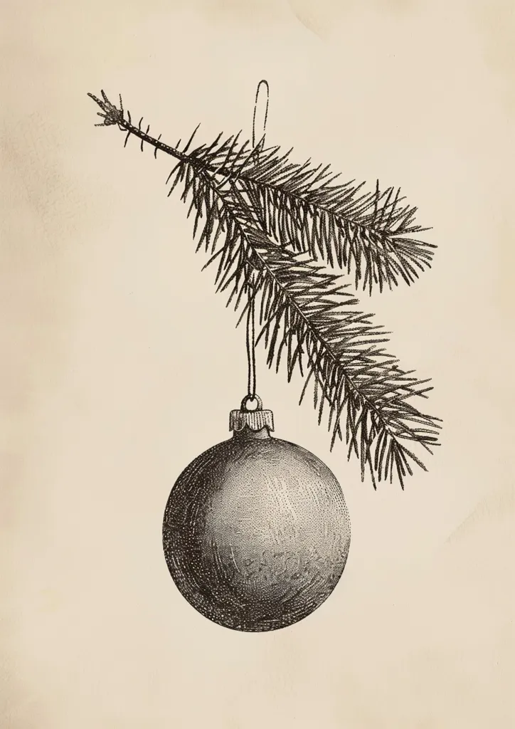 A simple black and white drawing of a Christmas ornament hanging from a pine tree branch.  The ornament is round and has a delicate texture.  The pine tree branch is detailed with many small needles and has a delicate, flowing form. The background is a pale cream color.