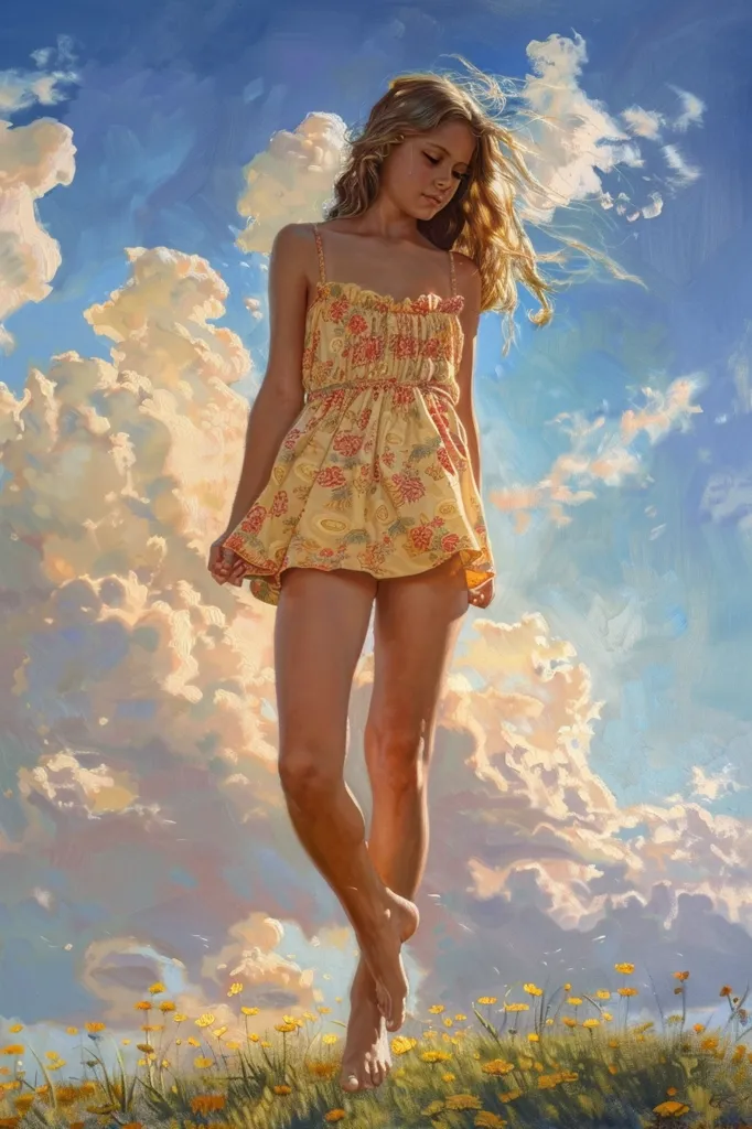 Young Girl in summer dress, hot summer, Boris Vallejo painting, standing on tiptoes, barefooted, sun lit --ar 2:3 --v 6.0