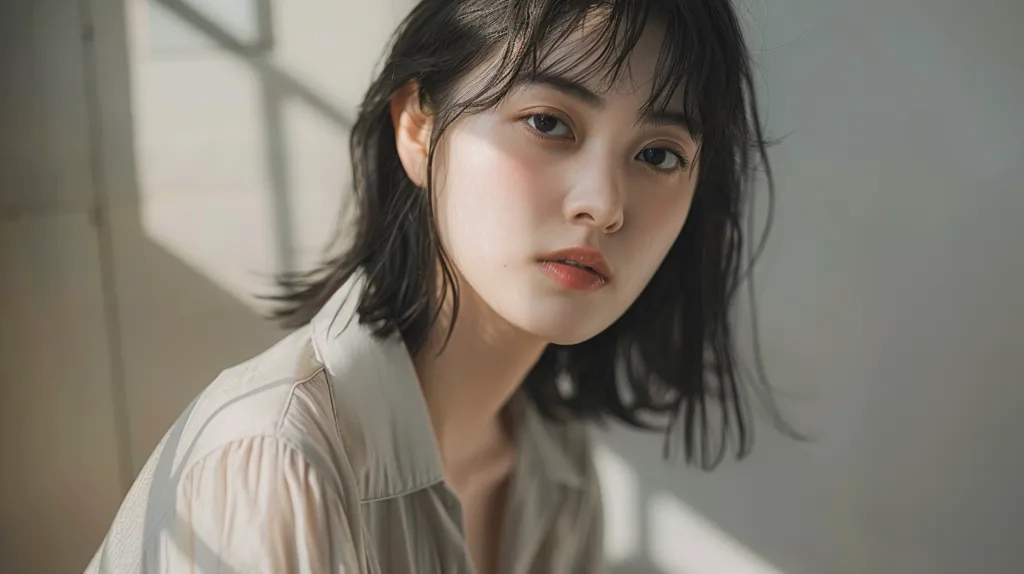 A young woman with short black hair, wearing a light brown shirt, looks directly at the camera with a neutral expression. The image is soft and warm, with natural light illuminating the scene. Her face is framed by wispy bangs and a soft focus creates a dreamy atmosphere.  The background is blurred and out of focus.