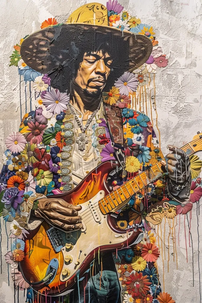 The painting depicts Jimi Hendrix, a famous guitarist, playing an electric guitar. He is wearing a colorful, floral patterned jacket and a wide-brimmed hat. The background is textured and painted with a flowing design of colorful flowers and dripping paint. The overall mood of the painting is vibrant and energetic.
