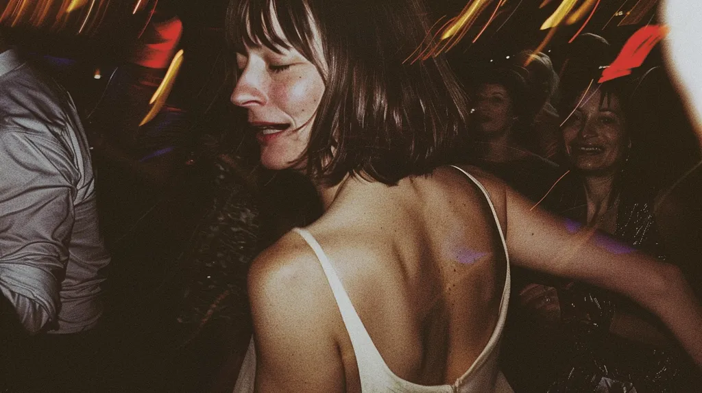 A woman with short dark hair and a white tank top dances in a dimly lit room. She has her eyes closed and is smiling. There are other people in the background, including one woman with her back turned and another woman with a red scarf and her back turned. The room is illuminated with streaks of light.