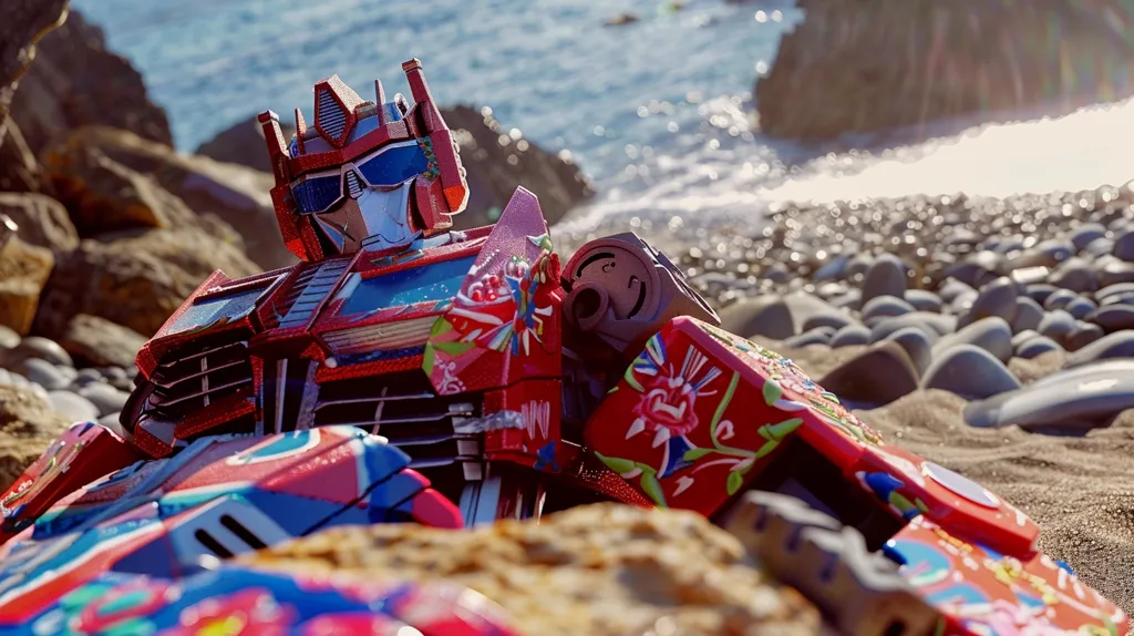 A red and blue robot, possibly Optimus Prime, is lying on a pebbled beach. Its metallic body is covered in a vibrant, floral pattern, giving it a unique and whimsical look. The robot's sunglasses are visible and it appears to be looking towards the ocean in the distance. The scene is bathed in sunlight and the robot's presence adds a touch of futuristic wonder to the beach setting.