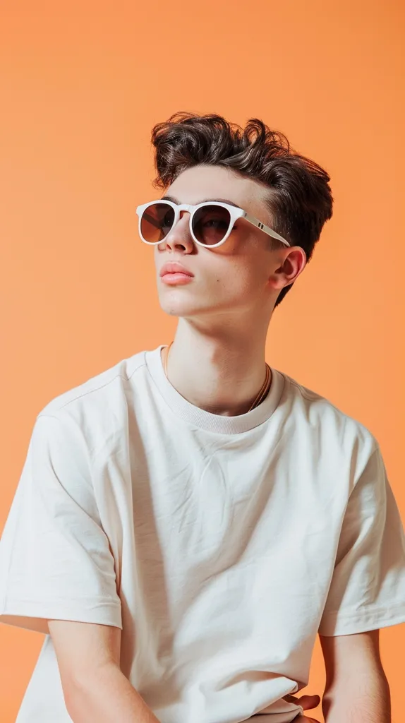 A young man with short, dark brown hair is wearing a white t-shirt and white-rimmed sunglasses. He is looking off to the side, with a serious expression on his face. The background is a solid orange color. His sunglasses are slightly askew. He is sitting, with his arms resting on his lap, his hands partially visible.