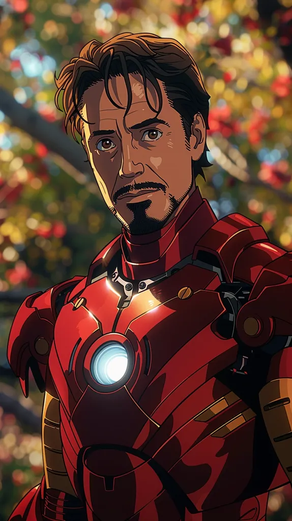 The image shows Iron Man, a superhero from the Marvel comics, wearing his iconic red and gold armor. His face is visible, with a serious expression. The background is blurred, suggesting a bustling city or perhaps a cityscape at night. The image is rendered in a style reminiscent of anime or manga, with exaggerated features and bold colors.  The overall effect is one of power and determination, highlighting Iron Man's role as a protector.