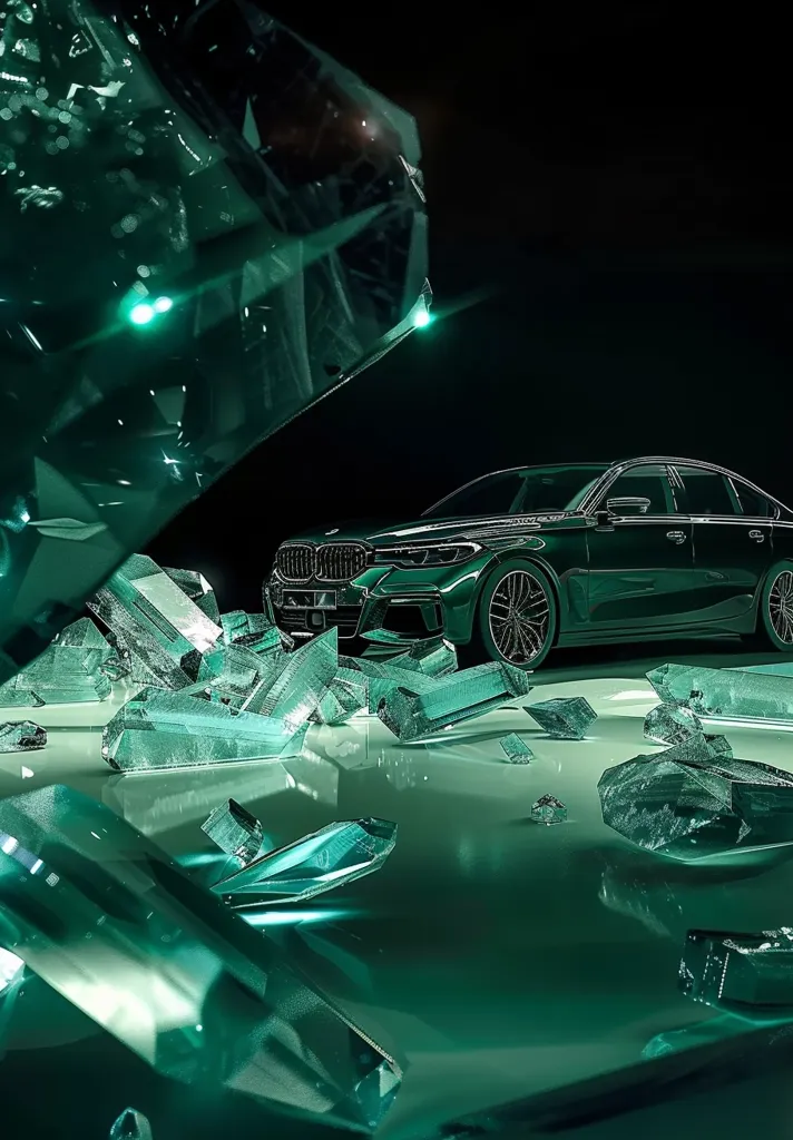 A sleek black car, illuminated by an emerald green light, rests upon a bed of sparkling green crystals. The car's reflection shimmers on the glossy surface, creating an almost surreal and futuristic scene. The image suggests a sense of luxury and sophistication.