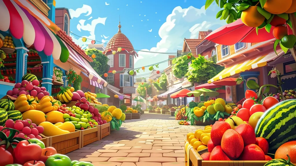 A vibrant street market scene unfolds under a sunny sky. Colorful awnings and fruit stands line the cobblestone street, overflowing with ripe produce. Oranges, apples, melons, and mangoes beckon shoppers.  The architecture features charming buildings with arched windows and red-tiled roofs, creating a picturesque and inviting atmosphere.