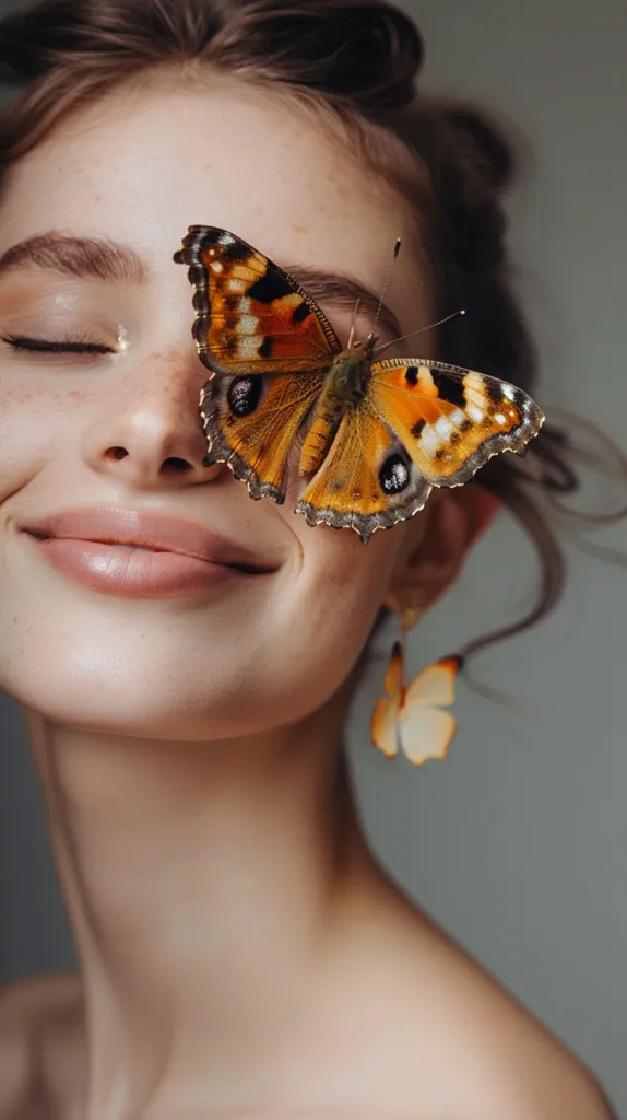A young woman with light brown hair smiles gently, her right eye closed as a large butterfly rests on her cheek. The butterfly's wings are a vibrant orange and brown, creating a striking contrast against her fair skin. The woman's delicate features and serene expression evoke a sense of tranquility and beauty. She wears a matching butterfly earring, adding a touch of whimsy to the image. The background is a soft, blurred gray, allowing the woman and the butterfly to be the focal point.