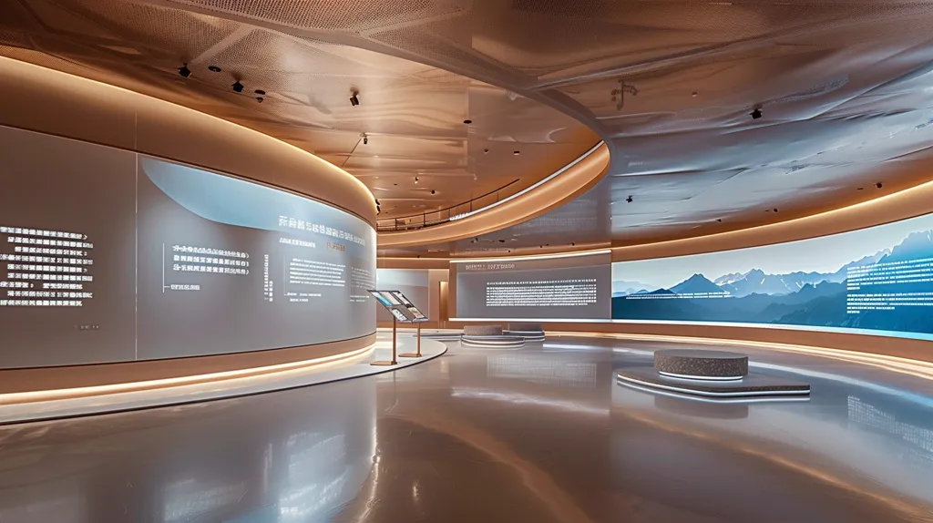 The image shows a modern, circular museum exhibit space. The walls are lined with informational panels featuring text in an unknown language. The curved ceiling and walls create a sense of openness and flow. The floor is shiny and reflective, and a large screen displays a landscape image. The overall atmosphere is clean, bright and inviting.