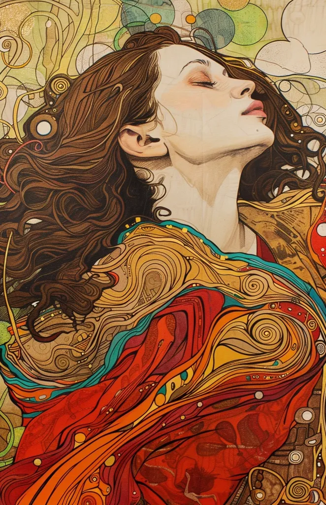 A woman with long, flowing brown hair is depicted in a stylized illustration. Her eyes are closed, and her head is tilted back, suggesting a state of peace or contemplation. Her body is adorned with intricate, swirling patterns in shades of red, orange, and gold. The background is filled with abstract shapes and lines, creating a sense of movement and energy. The overall effect is one of beauty and mystery.