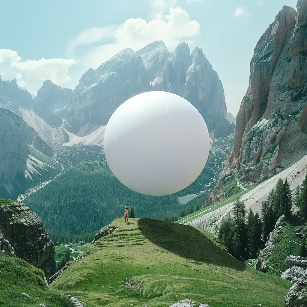 A large, white, spherical object floats above a lush green mountain valley. A small figure stands on a grassy hill, looking up at the object. The mountains in the background are tall and rocky, with a clear blue sky above. The scene is surreal and dreamlike.