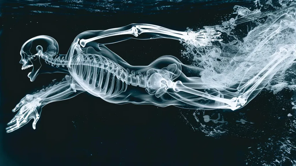 The image shows a skeleton swimming underwater, depicted as an x-ray. The skeleton is in a freestyle stroke, with its arms extended and its legs kicking. Water bubbles are visible around the skeleton, creating a sense of motion and depth. The image is rendered in a dark, ethereal style, with the skeleton's bones appearing translucent and glowing.  The overall effect is both eerie and beautiful, suggesting a spectral and surreal quality.