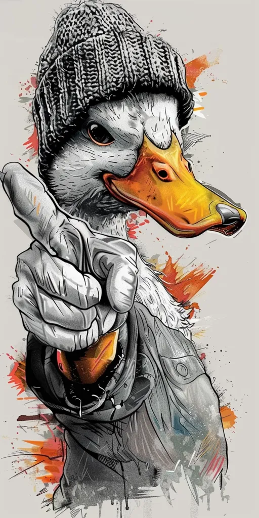 The image depicts a stylized duck wearing a knitted beanie and pointing directly at the viewer. The duck has a determined expression, and its beak is open in a slight, almost menacing smile. The background features splashes of vibrant color, creating a sense of energy and movement. The overall style is abstract and playful, with a focus on bold lines and contrasting colors.  The image could be interpreted as a statement of confidence or defiance.  The duck appears to be in control of its own destiny, and it's inviting the viewer to join it on its journey.