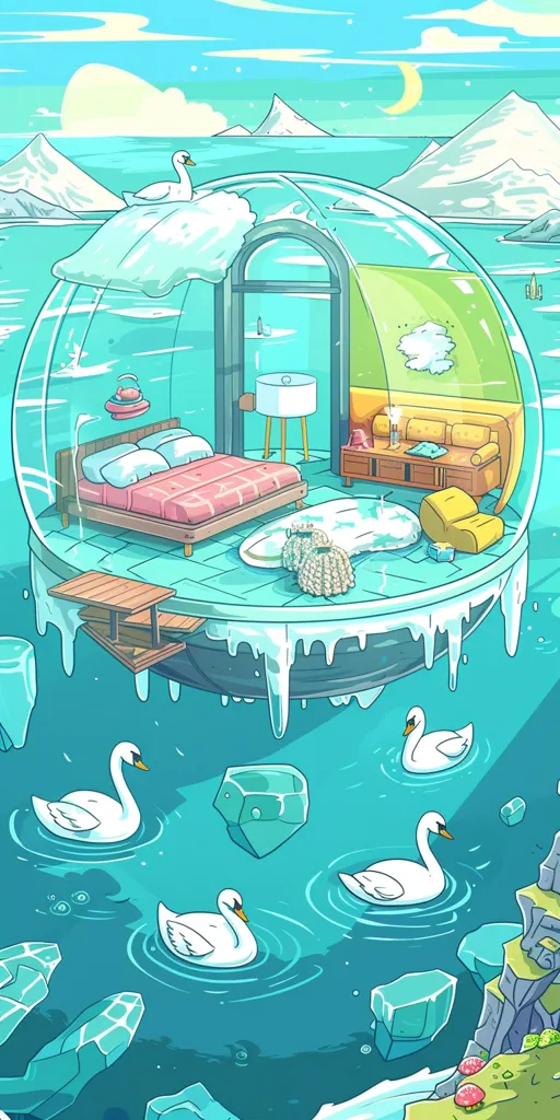 A whimsical scene of a bedroom floating in a bubble above a turquoise ocean. The bedroom is furnished with a bed, a couch, and a lamp. White swans swim below the bubble, and icy blue rocks dot the sea.  The sky is a vibrant blue, and the clouds are fluffy and white. The scene is both calming and fantastical, hinting at a dreamlike world.
