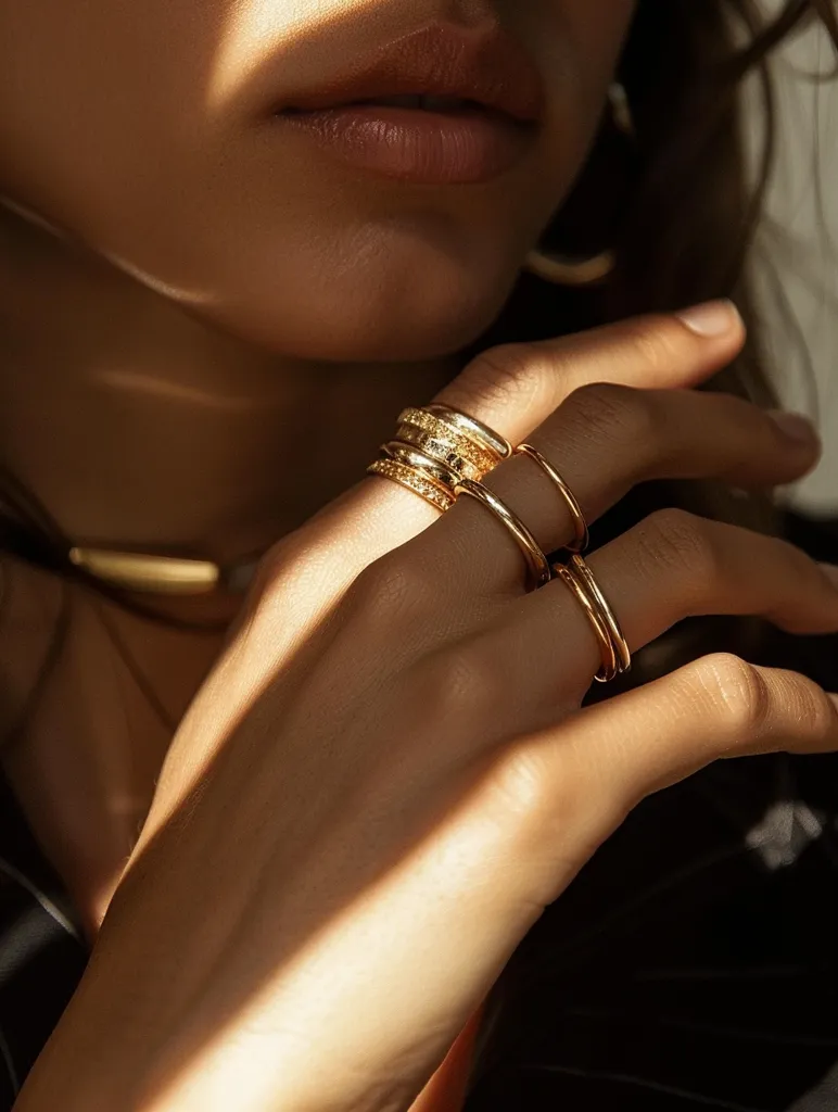 A close-up shot of a woman's hand wearing several gold rings. The rings are stacked on her ring finger, and the light catches the gold, making it shine. The woman's skin is smooth and pale, and her lips are slightly parted. The image is soft and sensual.  The background is blurred, drawing attention to the rings and the woman's hand.