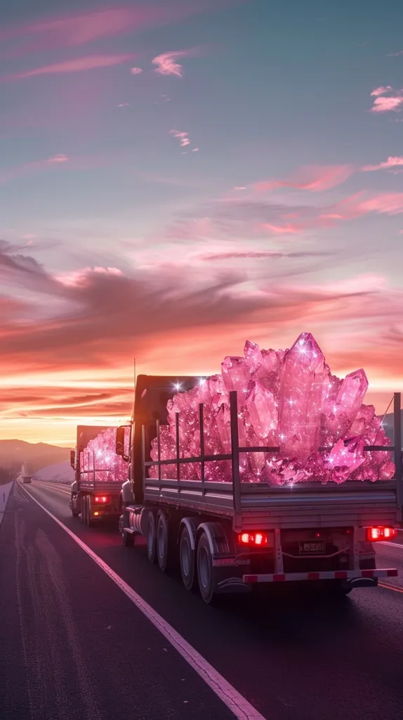 Two semi-trucks are driving down a highway at sunset. The sky is a beautiful pink color and the trucks are hauling a large load of pink crystals. The trucks are driving on a black asphalt road with a white dividing line. There are a few cars driving in the distance on the opposite side of the road. The trucks are illuminated by the setting sun, and the crystals are reflecting the light, making them glow. The image is a surreal and beautiful scene, and it is sure to capture the imagination.