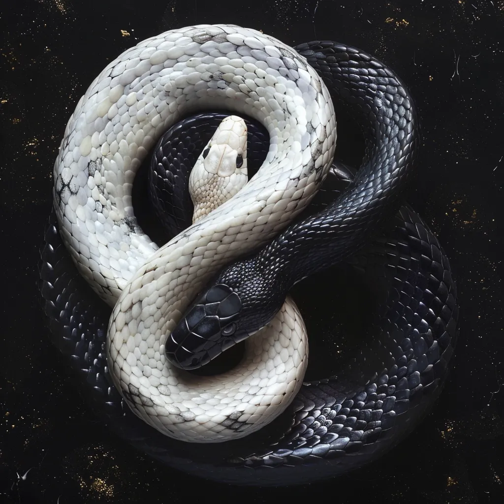 A black and white snake intertwines in a complex pattern against a dark, speckled background. The snakes form a visual representation of the yin-yang symbol, with the white snake representing the yang and the black snake representing the yin. Their scales shimmer subtly in the light. The image evokes a sense of balance, duality, and interconnectedness.