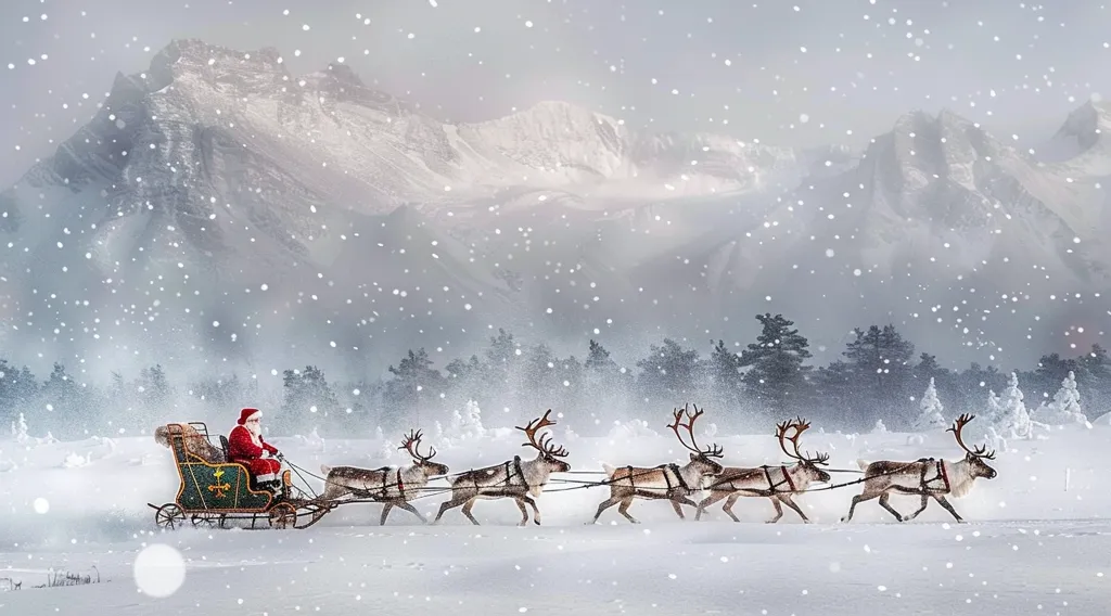 Santa Claus is riding in a sleigh pulled by reindeer across a snowy landscape. The reindeer are galloping through the snow, which is falling heavily.  In the background, snow-capped mountains and a line of trees are visible.  The scene is a classic representation of Santa's journey to deliver Christmas presents.
