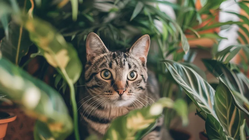 A tabby cat with wide, curious eyes peeks out from behind a lush, green houseplant. The cat's fur is a mix of brown, black, and white, and its whiskers are long and prominent. The plant's leaves are large and verdant, creating a soft, natural backdrop for the cat. The overall image is one of tranquility and serenity.