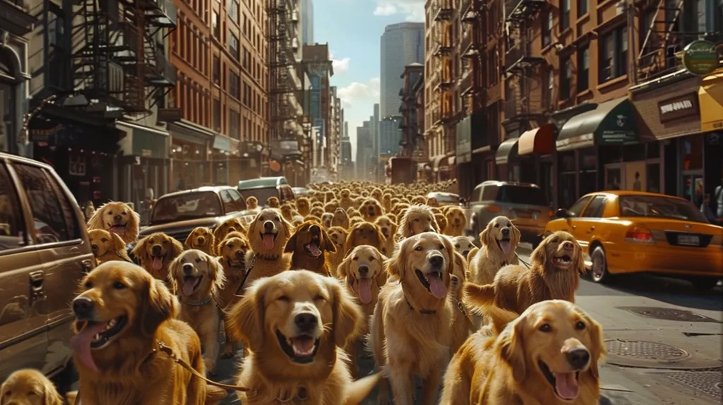 A large pack of Golden Retrievers are walking down a city street, their happy faces visible in the crowd. The dogs are all on leashes, and they are being led by their owners. The street is lined with brownstone buildings, and there are cars parked on the side of the street. The image captures a joyful and heartwarming moment of togetherness.