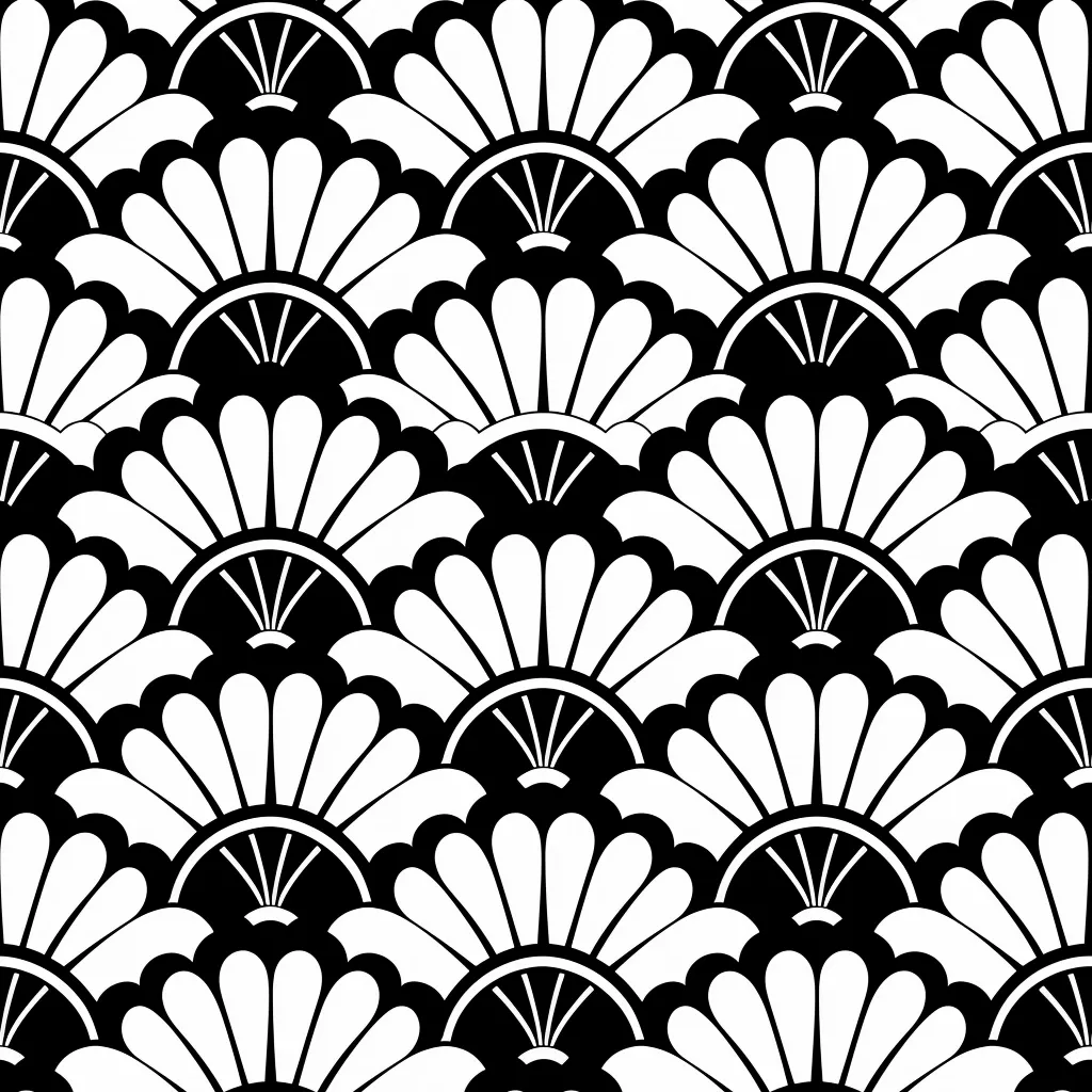 The image is a black and white seamless pattern consisting of overlapping circular shapes that resemble stylized flowers or fans.  The pattern creates a dynamic, flowing movement with a sense of depth due to the overlapping shapes. It has a traditional, almost Art Deco feel.