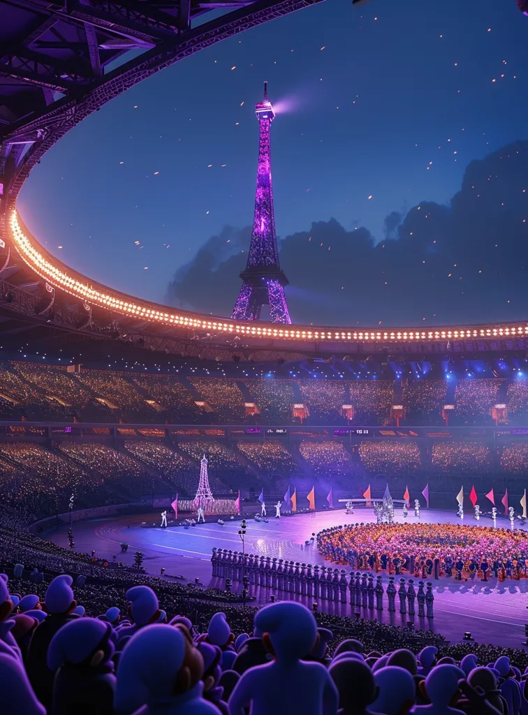 The image shows a large stadium filled with people watching a performance. The Eiffel Tower, lit up in purple, stands tall in the background. The stage is lit with colorful lights and surrounded by performers. The atmosphere is electric and celebratory, capturing the excitement of a grand event. The image is framed by the stadium's roof, providing a unique perspective on the scene.  The sky is a deep purple, dotted with twinkling lights.