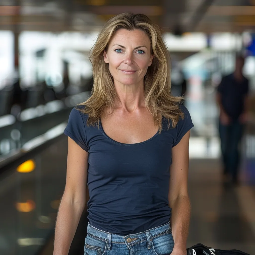 A woman with long blonde hair stands in a busy airport. She is wearing a dark blue t-shirt and blue jeans. She looks directly at the camera with a neutral expression. The background is blurred, showcasing the bustling environment around her.