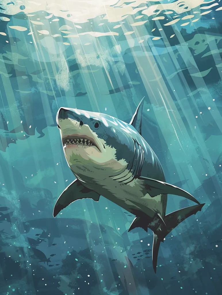 A great white shark swims through the turquoise water.  Sunlight filters through the surface in beams, illuminating the shark's powerful body and sharp teeth.  Small fish dart around the shark, revealing the vibrant underwater world.  The image captures the beauty and danger of the ocean.