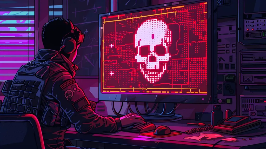 The image depicts a hacker sitting in front of a computer, his face obscured by a headset and shadows. The computer screen glows red, displaying a pixelated skull, a symbol of hacking and danger. The room is dimly lit, with a purple and pink color scheme that suggests a nighttime setting. The scene conveys a sense of secrecy and intrigue, hinting at the hacker's illicit activities.