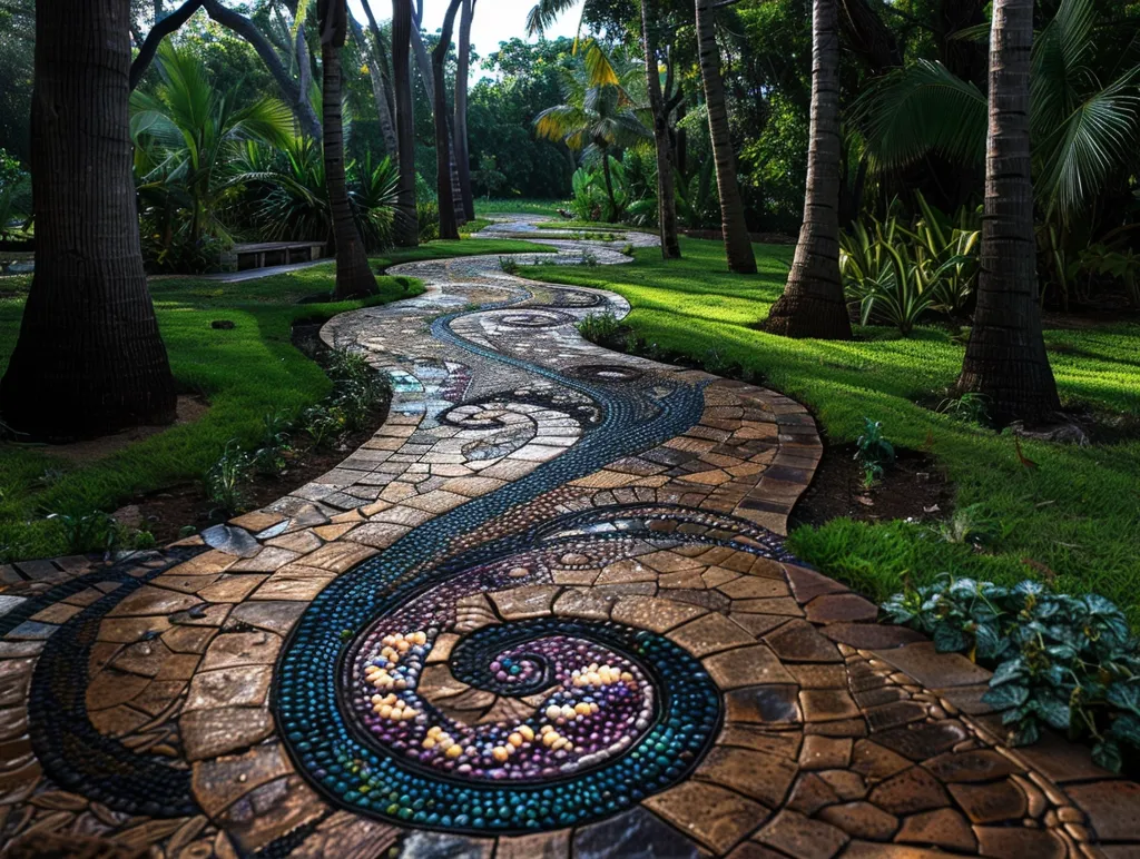 A winding stone path, inlaid with colorful pebbles, snakes through a lush tropical garden. Palm trees line the path, their fronds casting dappled shadows on the green grass. The path, a mosaic of nature and human artistry, leads the viewer into a serene and inviting space.