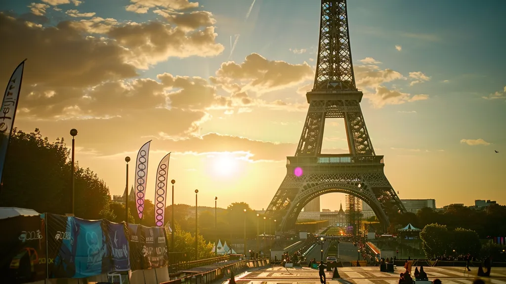 The Eiffel Tower stands tall against a vibrant sunset in Paris. Golden sunlight bathes the city, casting long shadows and illuminating the tower's intricate structure. Flags and banners line the street below, suggesting a festive atmosphere. The cityscape stretches out beyond, with a mix of modern and traditional buildings. The scene evokes a sense of Parisian charm and grandeur.