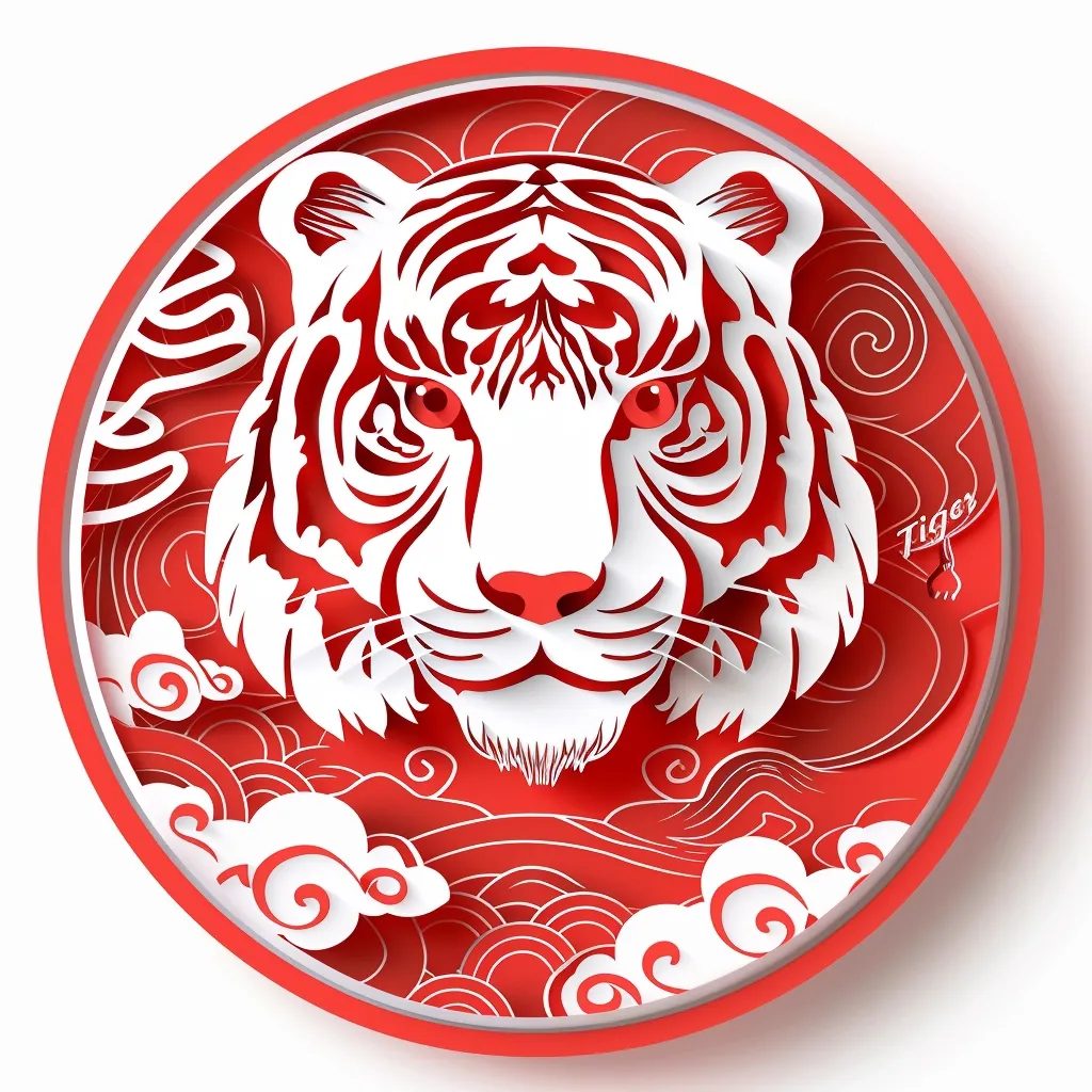 The image depicts a paper cut-out design of a tiger's face,  in white on a red background. The tiger's face is detailed and intricate with a focus on the eyes and nose. The background features swirling patterns reminiscent of clouds or waves,  adding a sense of movement and dynamism. The overall effect is striking, with the vibrant colors and detailed craftsmanship creating a visually captivating piece. The word "Tiger" is present in the design, reinforcing the subject matter.