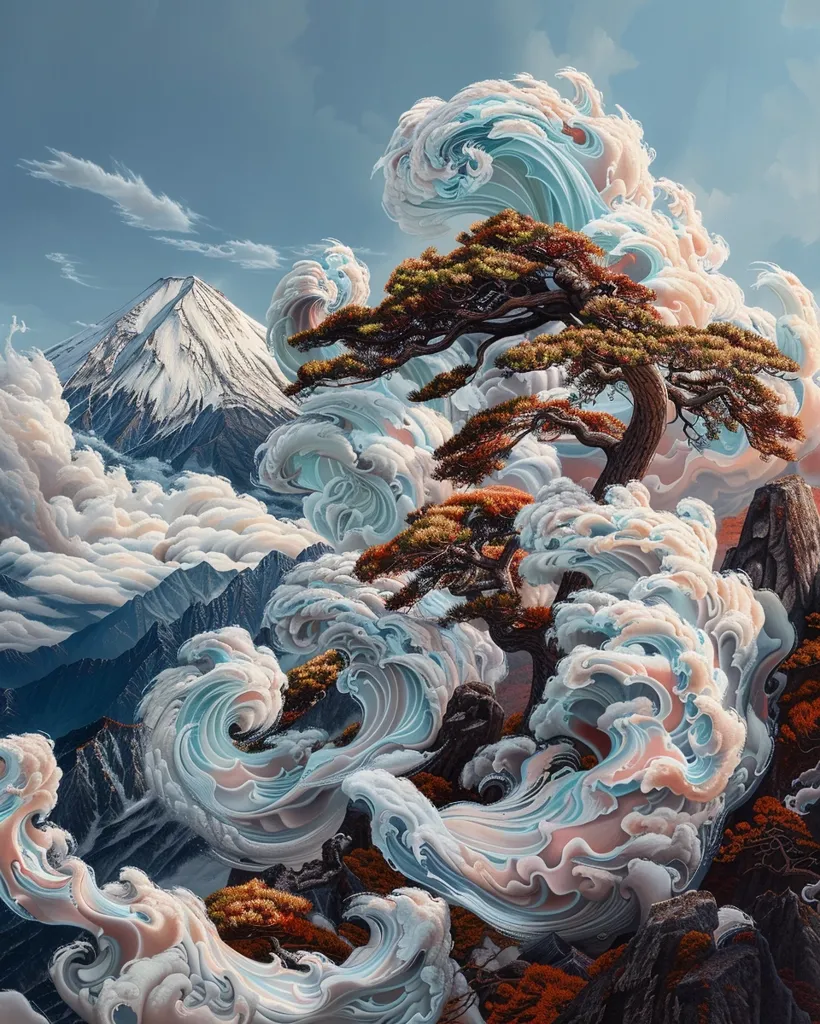 The image depicts a whimsical, dreamlike scene with swirling clouds and a majestic mountain. A large, gnarled tree stands at the center, its branches reaching toward the sky. The clouds, with their swirling shapes and delicate colors, resemble waves crashing against the mountain and the tree. The image evokes a sense of wonder and mystery.