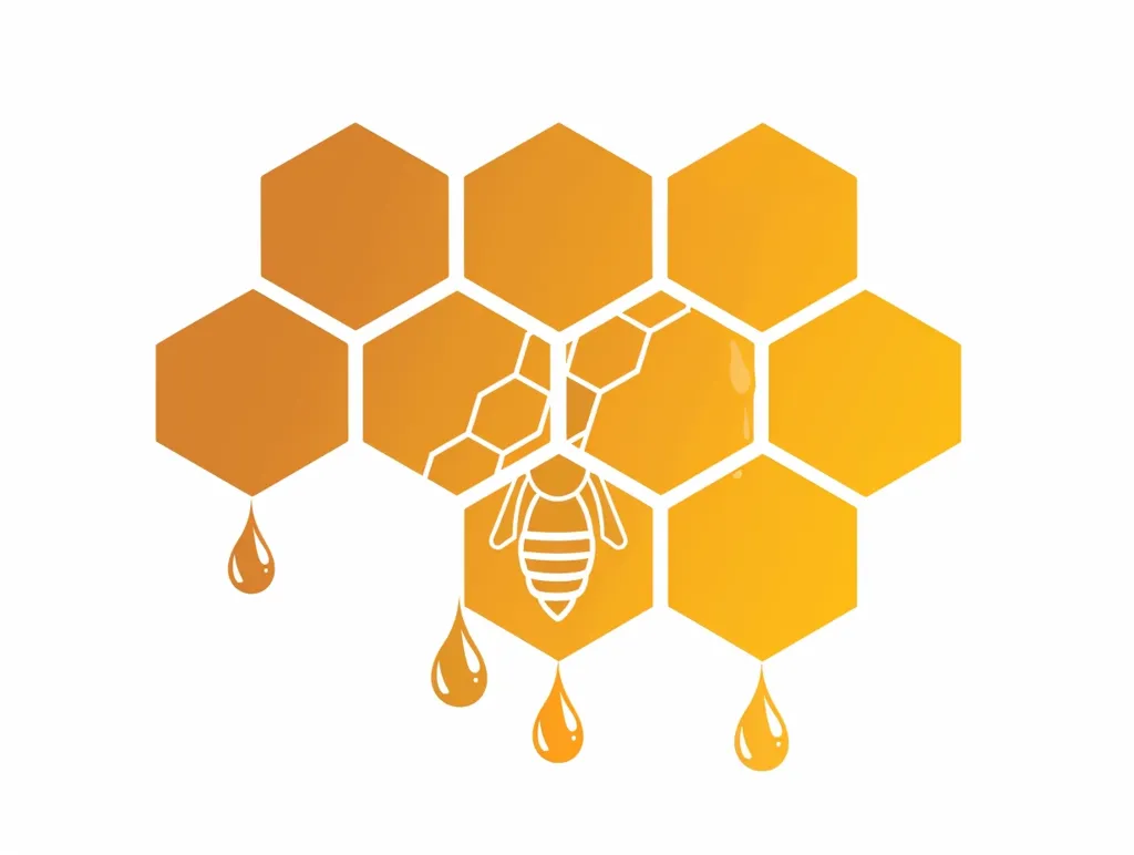 A stylized image of a honeycomb with a bee in the center. The honeycomb is made up of yellow hexagonal cells and the bee is white. There are four yellow honey droplets dripping from the honeycomb. The image is simple and clean and evokes the sweetness of honey.