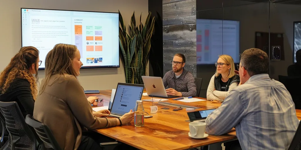 Four people are sitting around a large wooden table in a modern office. They are engaged in a meeting, using laptops and looking at each other. A large screen displays a presentation, and a plant stands in the corner.  The atmosphere is professional and focused.