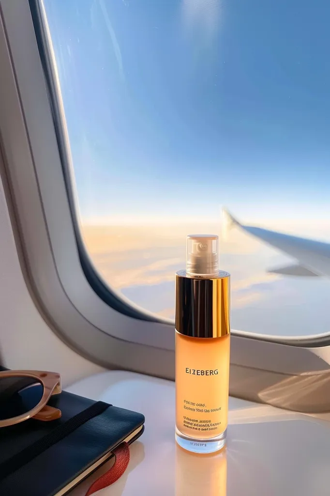 A bottle of Eizberg skincare sits on the tray table of an airplane. The window behind it shows the clouds and blue sky. The sun is setting, giving the sky a warm, orange hue. A pair of sunglasses and a notebook are also on the tray table.