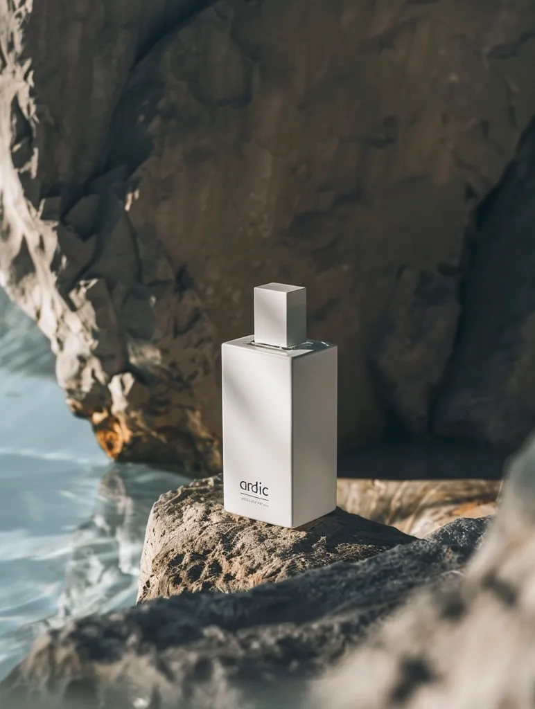 A white bottle of Ardic shampoo sits on a rock, partially submerged in the water. The rock is rough and textured, and the water is clear and blue. The bottle is simple and elegant, with the brand name printed in a minimalist font. The overall image is clean and serene, creating a sense of calm and relaxation.