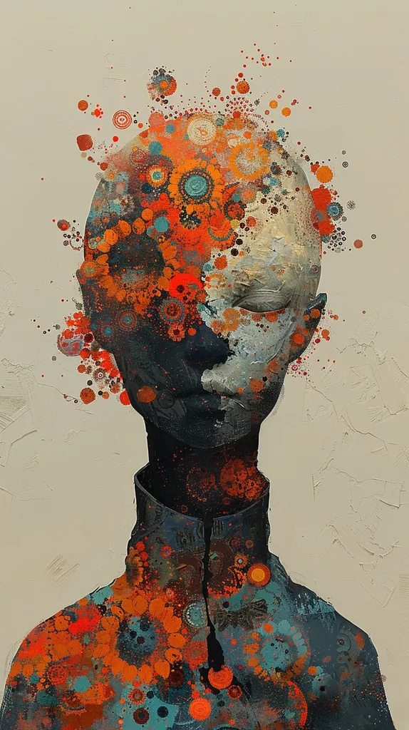 A digital painting of a person with a face obscured by a whirlwind of colorful abstract shapes and patterns. The colors are predominantly orange, red, and blue, with splashes of black and white. The background is a muted beige, creating a stark contrast with the vibrant foreground. The overall effect is one of mystery and intrigue.