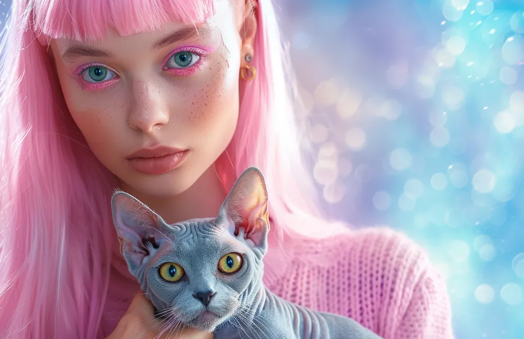 A young woman with long, pink hair and bright makeup is holding a hairless cat. The woman is wearing a pink sweater and the cat is looking directly at the camera. The background is a soft, out-of-focus blue and pink blur. The woman and cat are posed against a soft, ethereal backdrop, suggesting a whimsical, playful, or fantastical setting. The image evokes a sense of intimacy and affection between the woman and her pet.