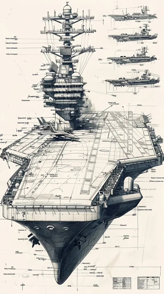 This is a detailed technical drawing of an aircraft carrier. The drawing is in black and white and depicts the carrier from a bird's eye view. The carrier's flight deck is visible, along with its intricate internal structures. The drawing also includes smaller images of various aircraft, including fighter jets and bombers, surrounding the main carrier design.  The drawing is likely a blueprint or a schematic, showcasing the design and construction of the aircraft carrier.  The detailed labeling suggests a technical purpose, possibly for shipbuilding or engineering.