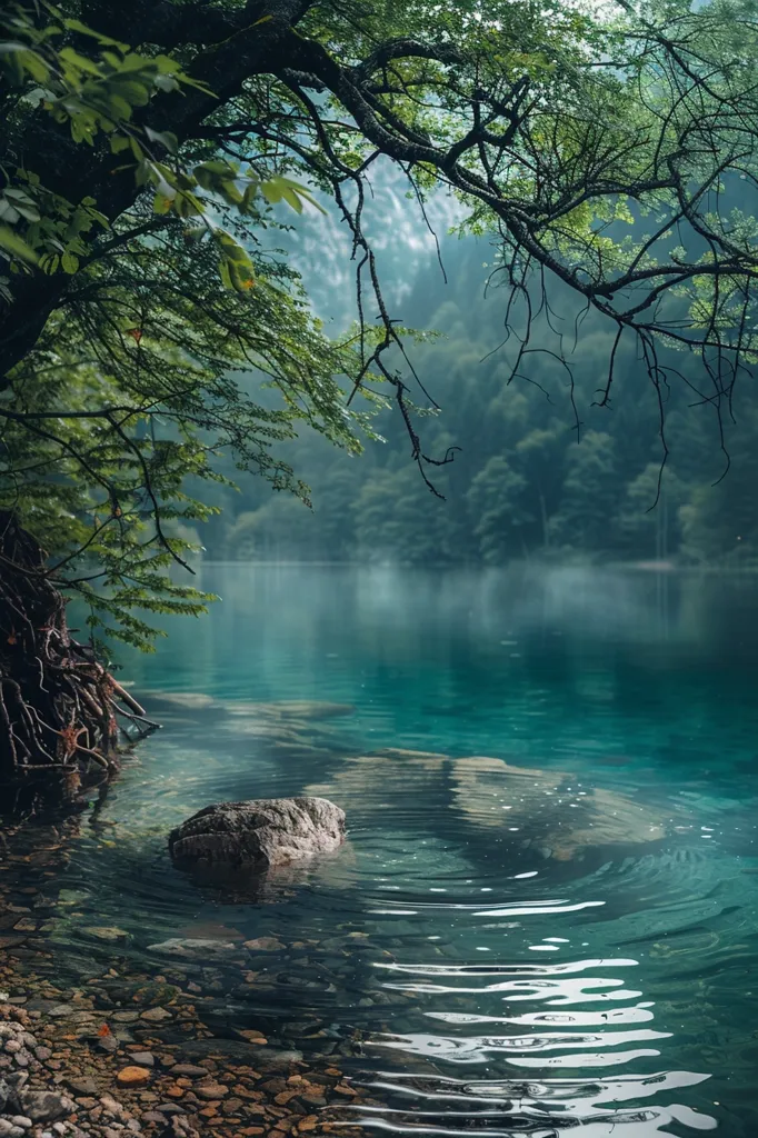 The image is a serene landscape of a lake surrounded by lush green trees. The water is clear and turquoise, reflecting the surrounding greenery. The mist adds a sense of mystery and tranquility to the scene. A lone rock sits submerged in the water, creating ripples and adding a sense of calm. The image evokes a feeling of peace and serenity.