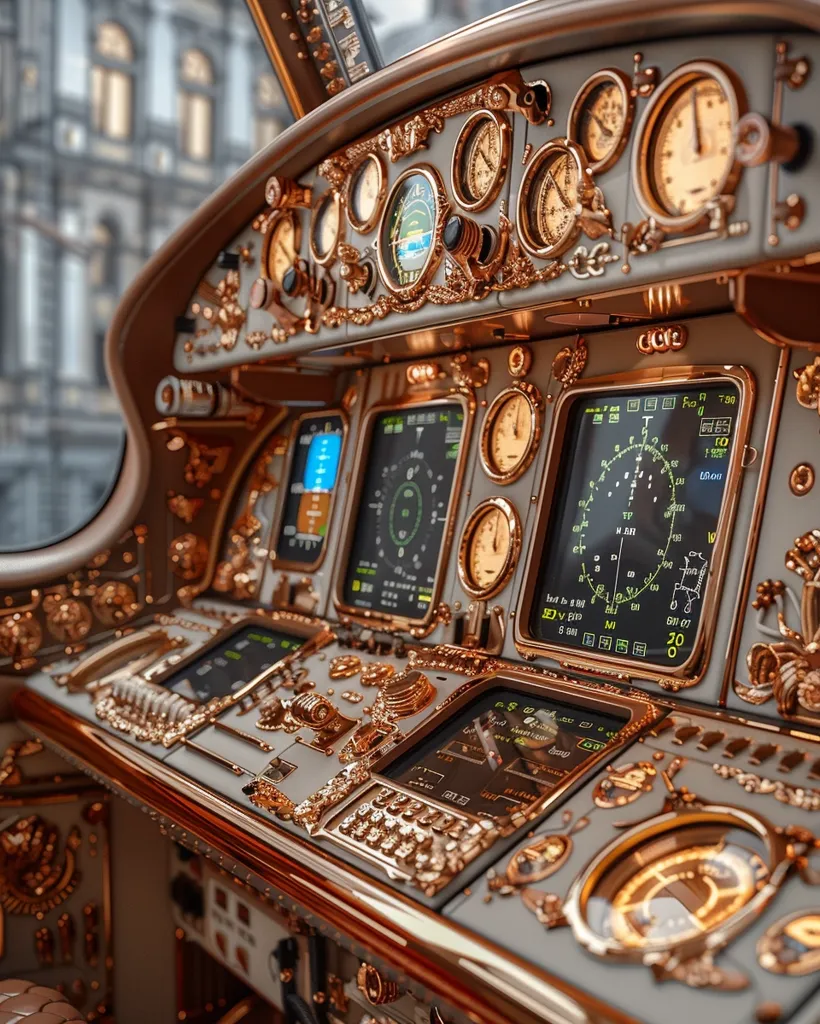 The cockpit of a luxury aircraft is adorned with intricate gold detailing and ornate accents. Multiple gauges, digital displays, and control panels line the dashboard, creating a visually stunning and technologically advanced environment for the pilot. The aircraft's interior exudes an air of opulence and sophistication, merging futuristic technology with a classic aesthetic.