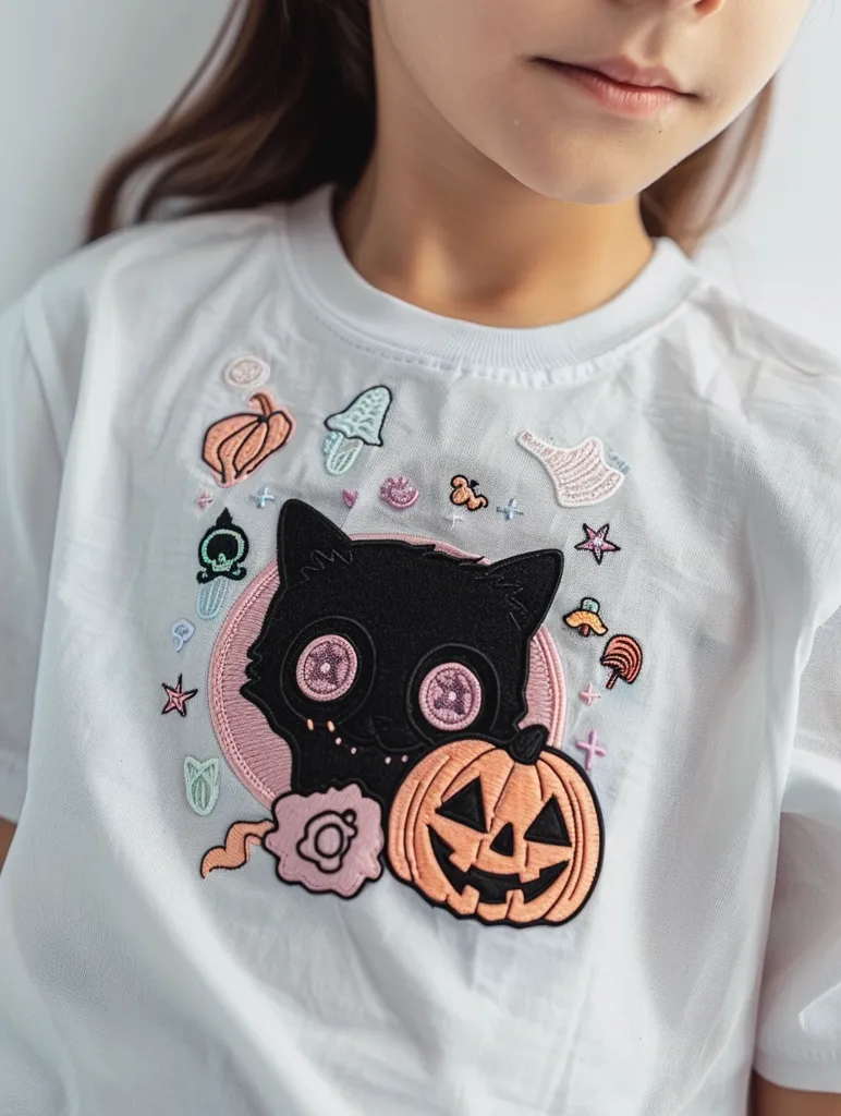 A young girl wearing a white t-shirt with a large embroidered design featuring a black cat with pink eyes, a jack-o-lantern, and other Halloween-themed elements. The design is surrounded by small, delicate embroidery of stars, mushrooms, and pumpkins. The girl's long dark hair cascades down her back.