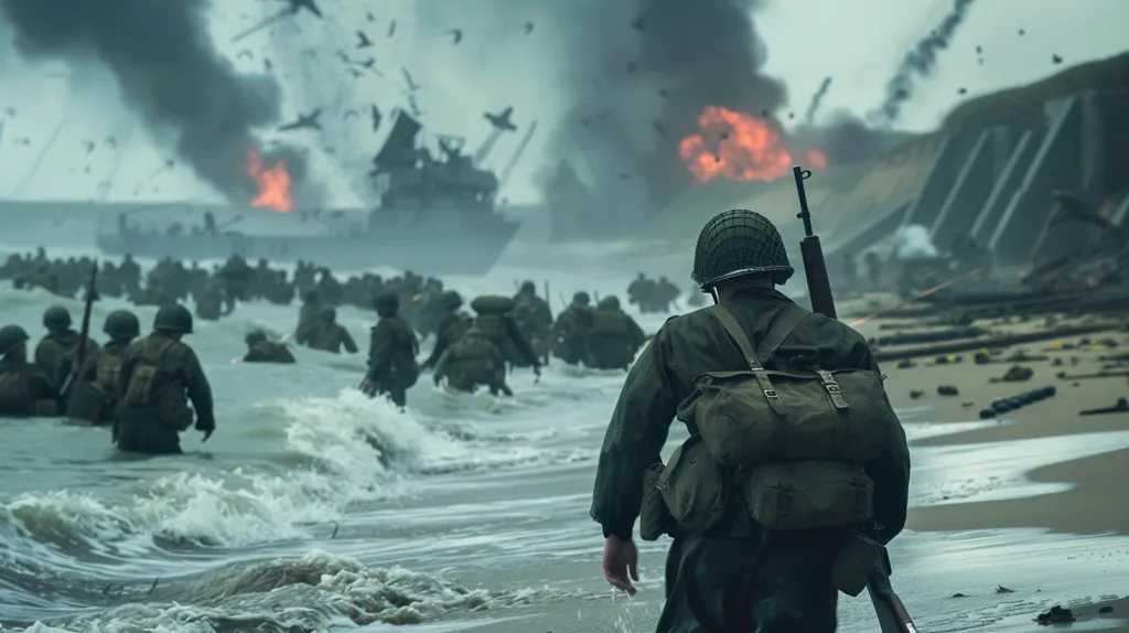 A lone soldier, armed with a rifle and carrying a backpack, walks along a beach towards the battlefield. The shore is littered with debris and the sea churns behind him. In the distance, a landing craft burns, smoke billowing into the cloudy sky. Other soldiers wade through the water, heading towards the fighting.  The scene is a bleak and evocative depiction of a World War II landing.